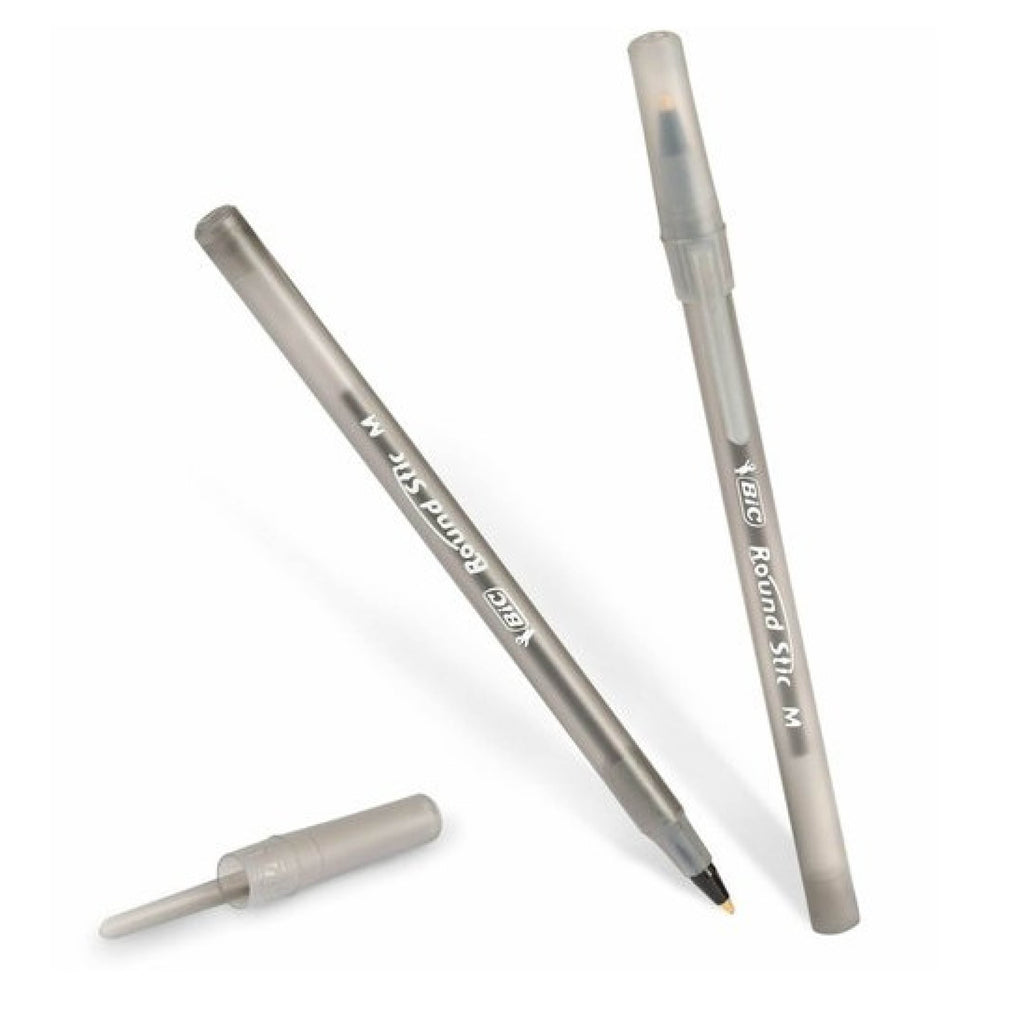 BIC Round Stic Ballpoint Pens, Medium Point, 1.0 mm, Translucent Barrel, Black Ink, Pack Of 12