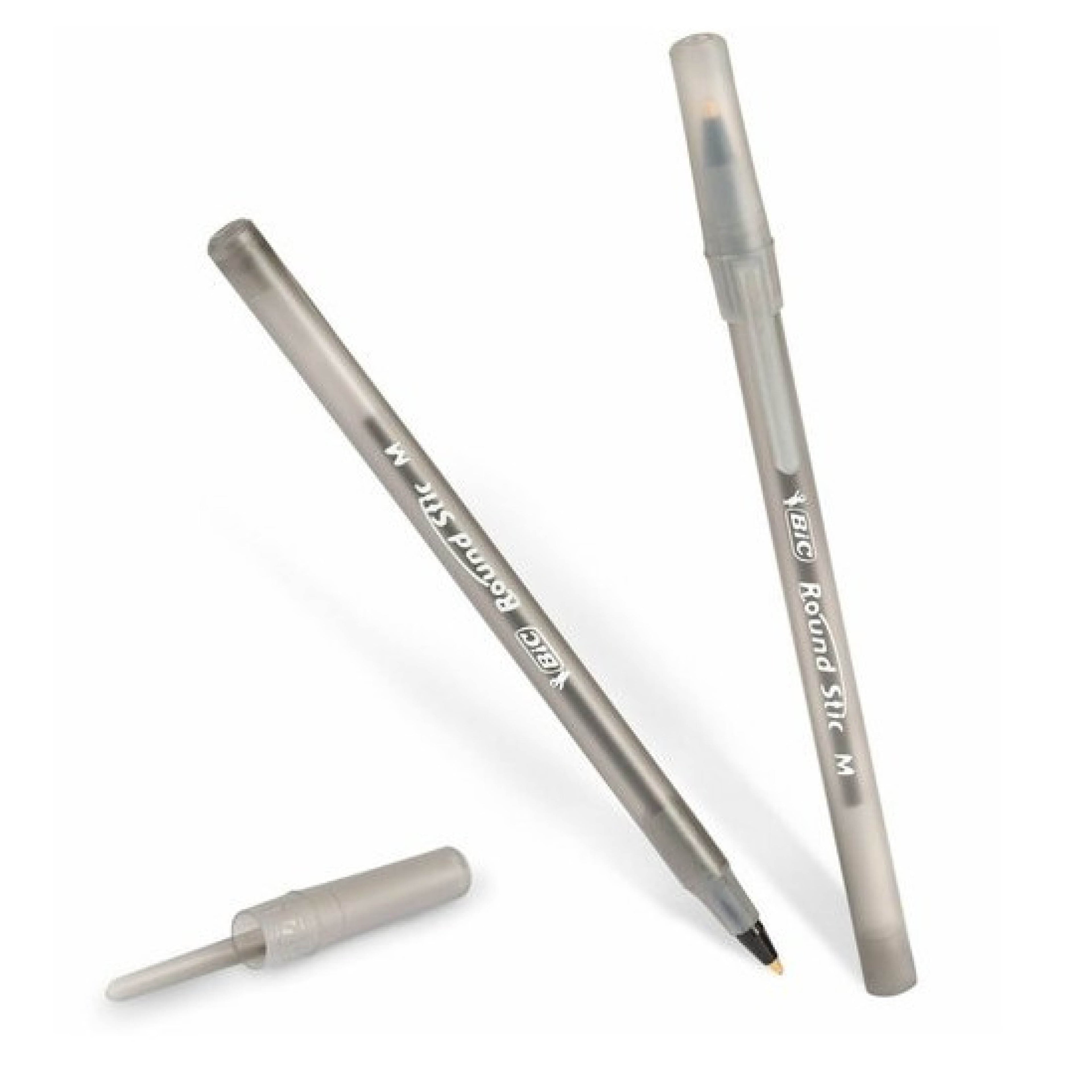 BIC Round Stic Ballpoint Pens, Medium Point, 1.0 mm, Translucent Barrel, Black Ink, Pack Of 12
