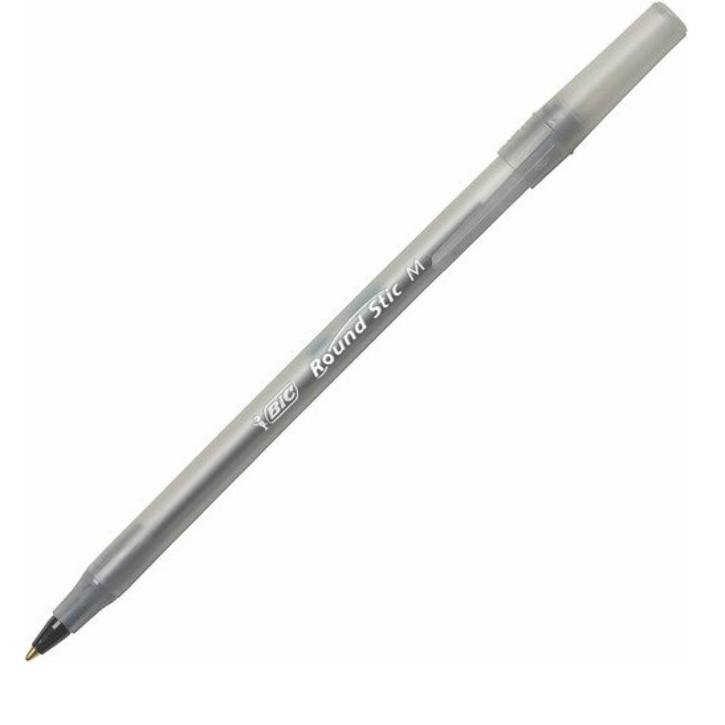 BIC Round Stic Ballpoint Pens, Medium Point, 1.0 mm, Translucent Barrel, Black Ink, Pack Of 12