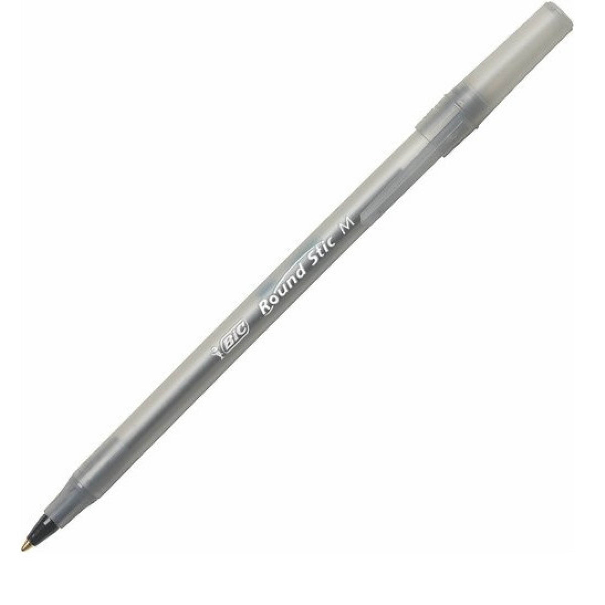 BIC Round Stic Ballpoint Pens, Medium Point, 1.0 mm, Translucent Barrel, Black Ink, Pack Of 12