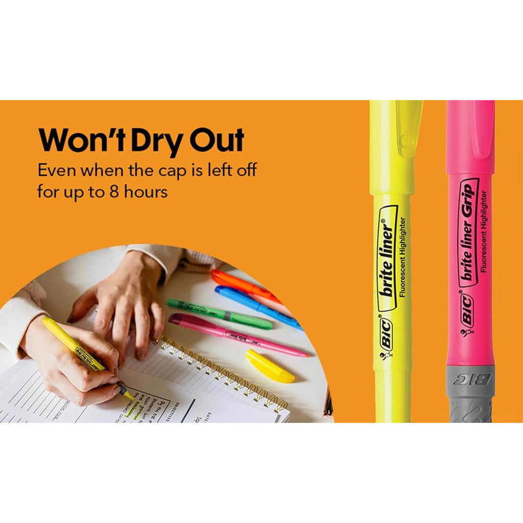 BIC Brite Liner Grip Pocket Highlighter, Assorted Ink Colors, Chisel Tip, Assorted Barrel Colors, 5/Set
