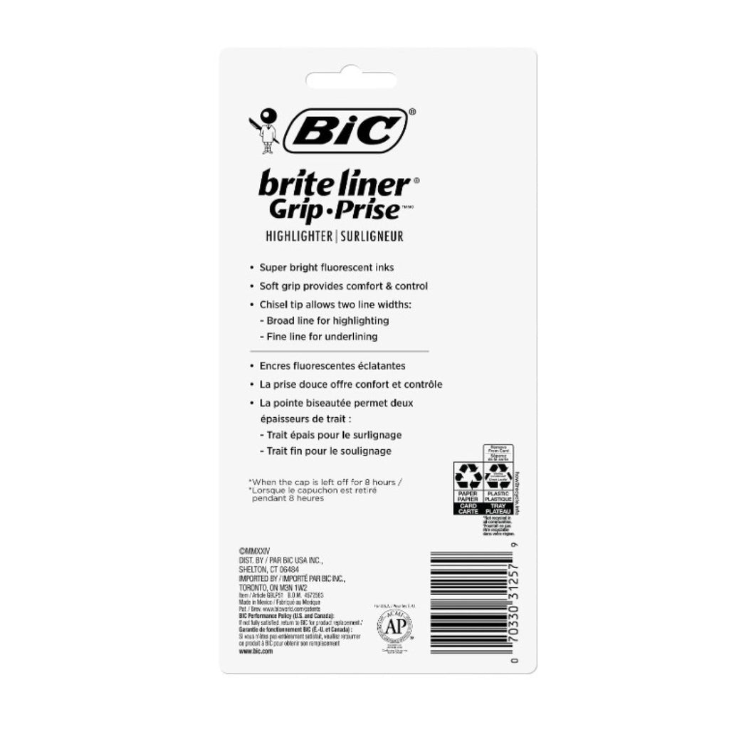 BIC Brite Liner Grip Pocket Highlighter, Assorted Ink Colors, Chisel Tip, Assorted Barrel Colors, 5/Set
