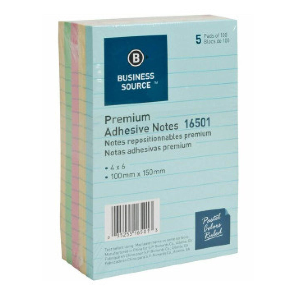 Ruled Adhesive Notes - 4" x 6" - 100 Sheets - Ruled - Pastel, 5/Pack